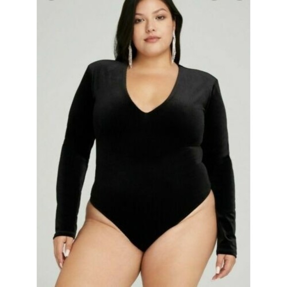 Good American Tops - Good American All Day Long Bodysuit Size 6 3X Deep V Velvet Rib Long sleeve